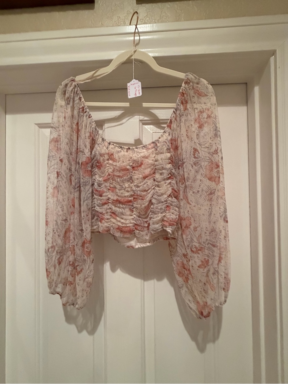 0029. Smocked Floral Crop Top in Cream with Coral Print
